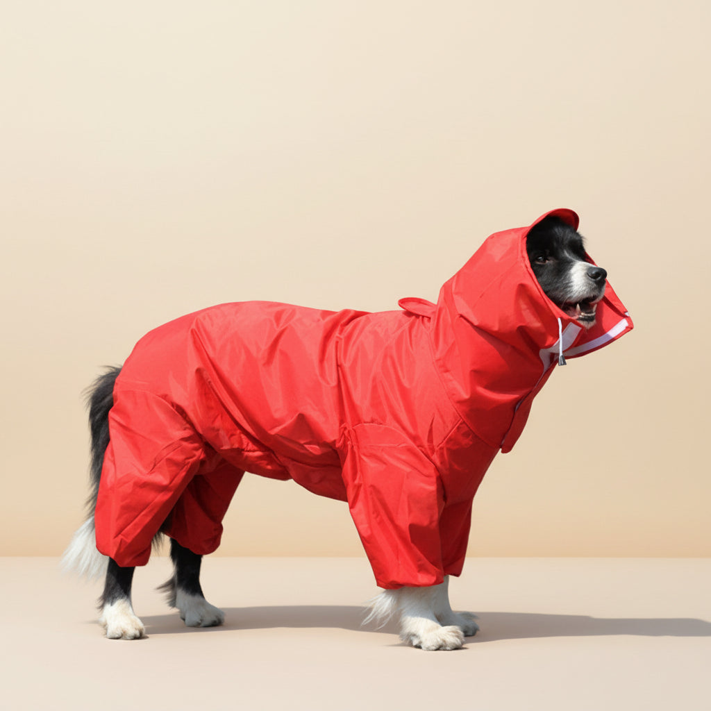 Dog wearing a red raincoat on a road with trees in the background