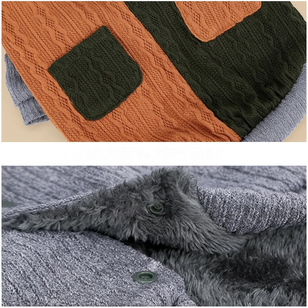 Two fabric swatches, one orange and green, the other gray with fluffy texture, on a beige background.