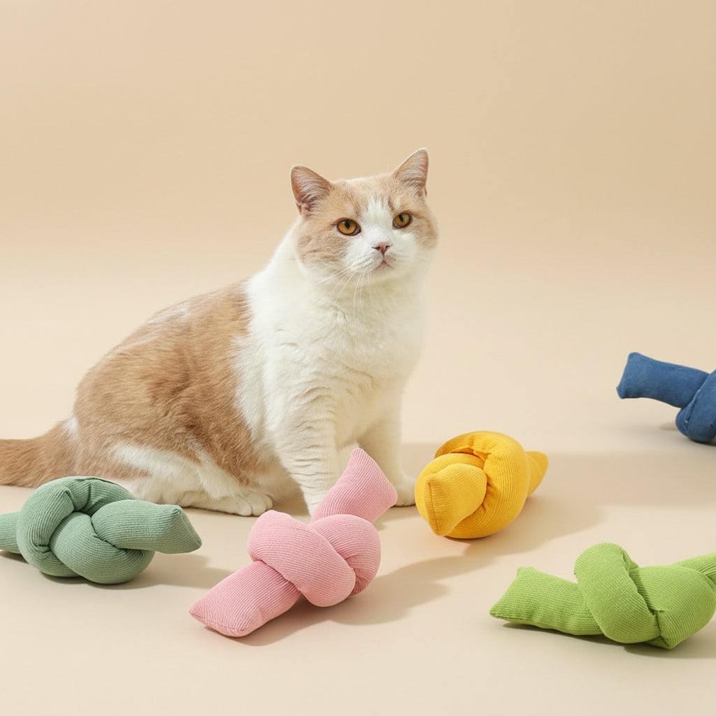 Cat sitting on a light-colored surface with colorful knotted toys around it.